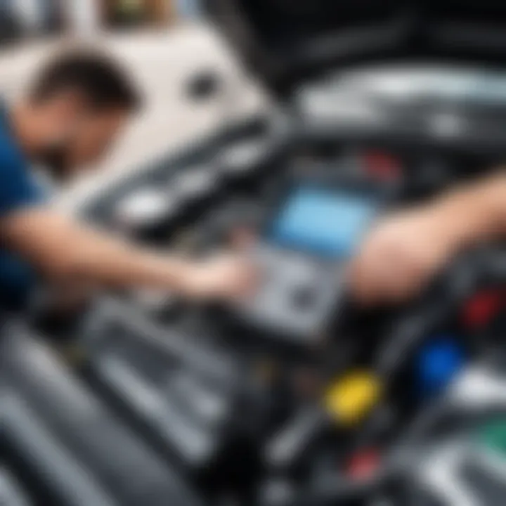 Mechanic using diagnostic tools on an engine